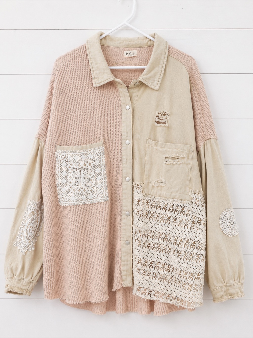 POL Blush Crochet Lace Patchwork Button Up | Shacket Oversized | Large - Picture 3 of 7
